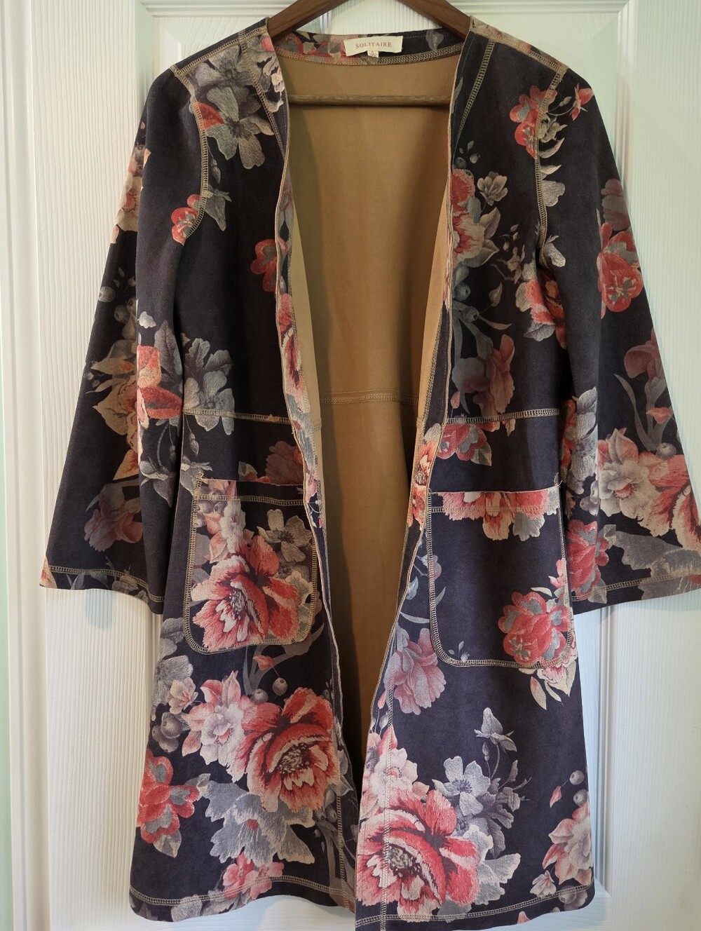 Solitaire Floral Open Front Duster Cardigan Jacket Charcoal Pink Rose Boho, SMAL